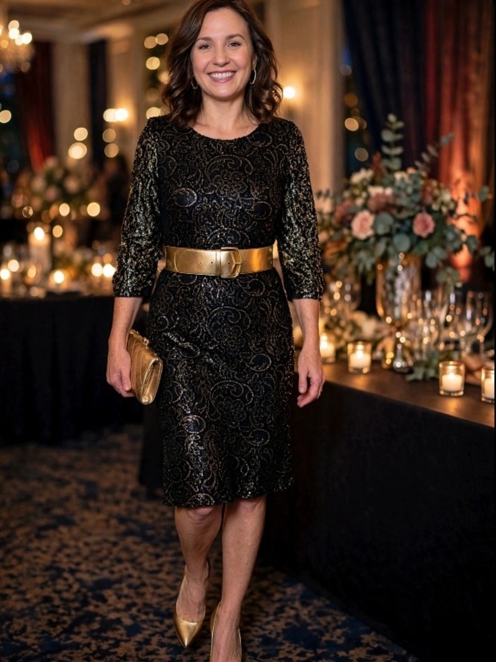 Black & Gold Lace Overlay Sheath Dress